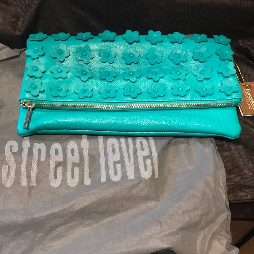 NWT Teal Flower Pleather Fold Over Clutch